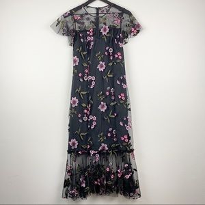 Shoshanna Black Illusion Short Sleeve Floral Embroidered Tiered Maxi Dress